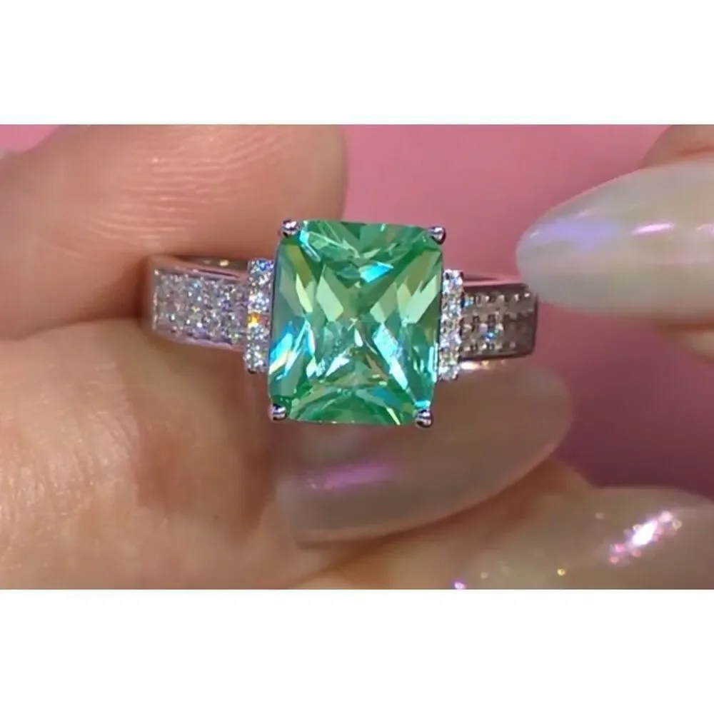 Gorgeous 5.08 Ct. Seafoam Green Spinel & Sim Diamond Engagement Ring Sz 8~.925SS